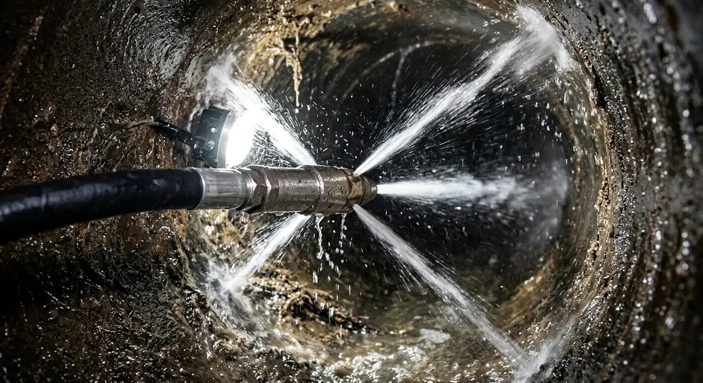 High-pressure hydro jetting nozzle cleaning sewer pipe for Storm Drain Cleaning in Laurel